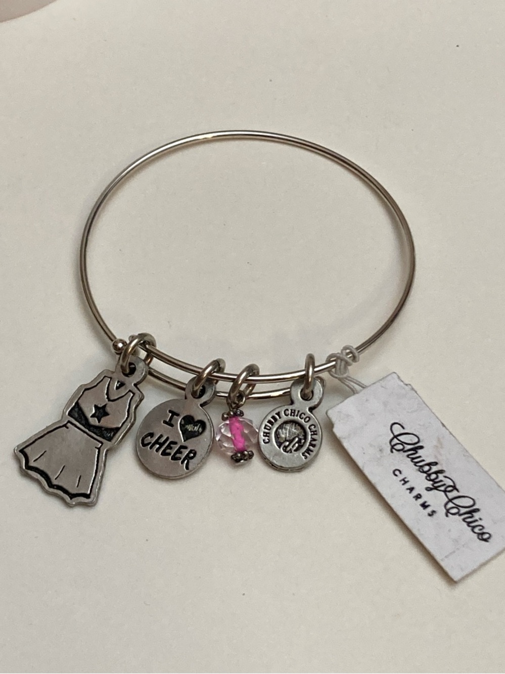 Silver 'I Love Cheer' Charm Bangle with Pink Accent